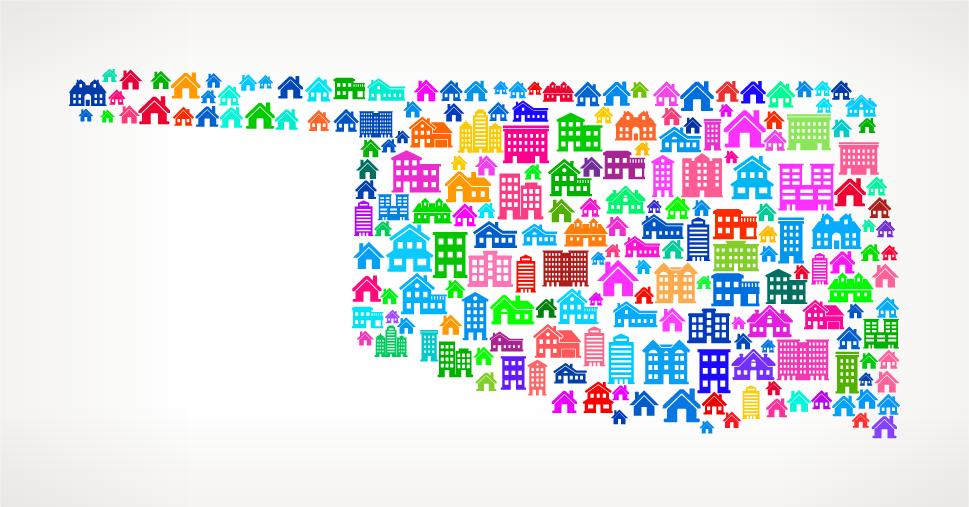 colorful graphic of the shape of the state of Oklahoma with houses of various sizes and colors.