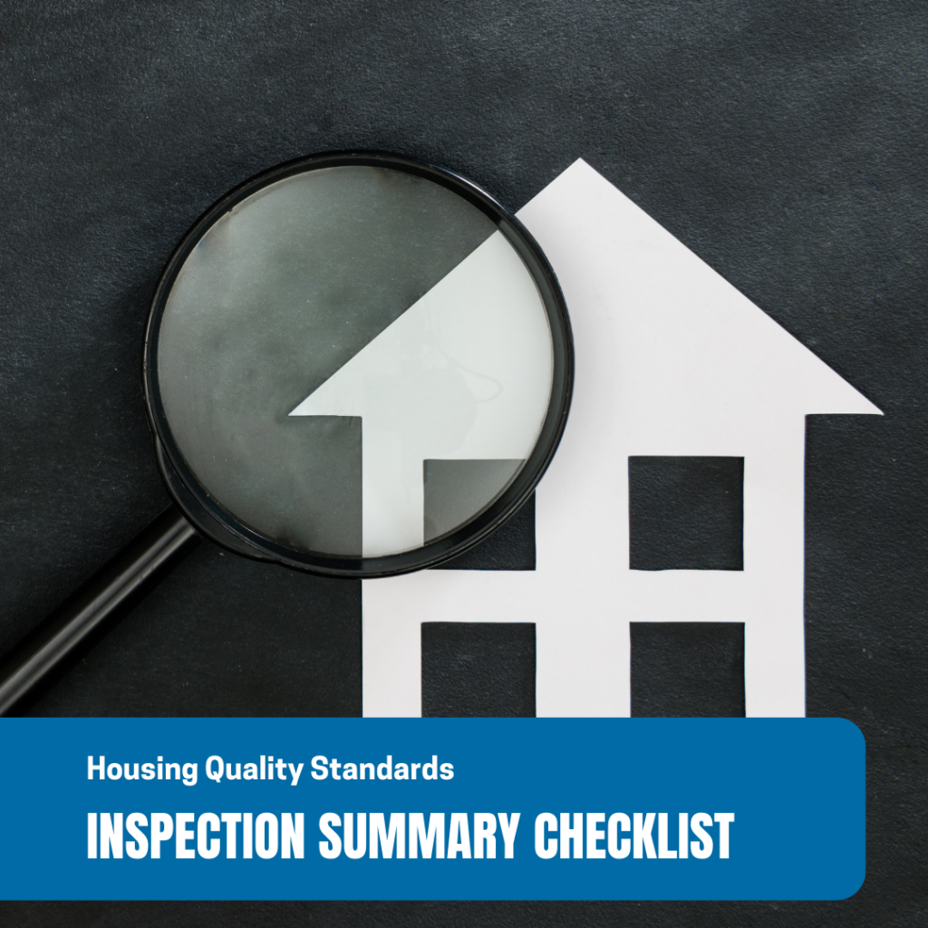 White Paper House and Magnifying glass with the words Housing Quality Standards Inspection Summary Checklist