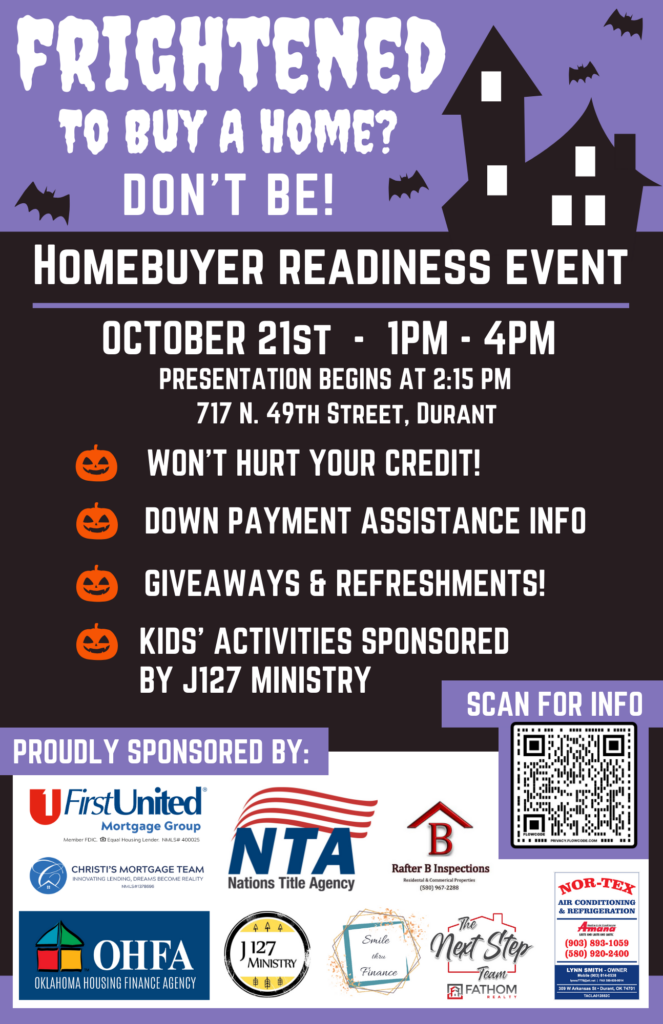 Join OHFA for a Homebuyer Readiness Event in Durant on October 21. Halloween imagery
