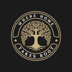 An illustration of a gold tree with gold branches, trunk and roots surrounded with the words Where Home Takes Root