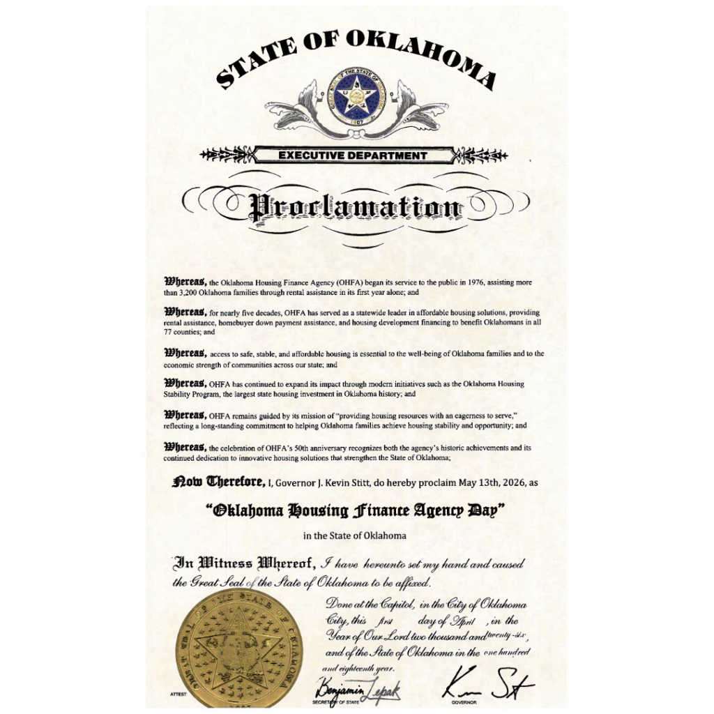Image of proclamation proclaiming May 13, 2026 as Oklahoma Housing Finance Agency Day